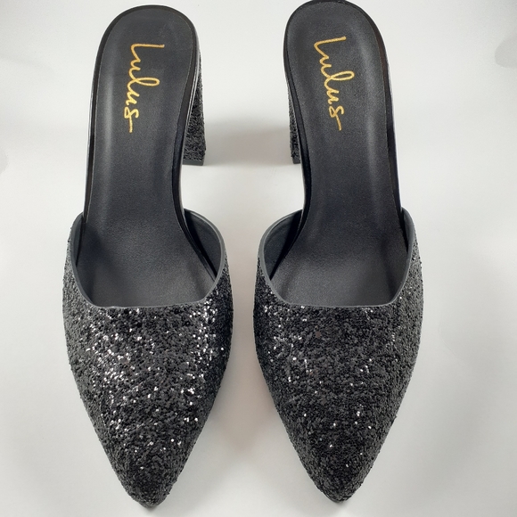 Lulu's | Glitter Block Heeled Pointed Toe Mules - Picture 5 of 6